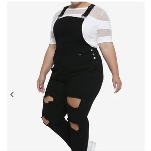 Black ripped leg denim overalls